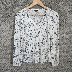 Talbots Top Womens 2 White Polka‎ Dot V Neck Blouse Button Semi Sheer Ladies